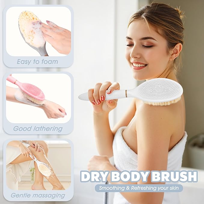 Foot Brush & Back Scrubber Set, 27.5'' Adjustable Foot Scrubber for Shower, 18.9'' Shower Back Scrubber with 3-Length Usage, Great Aid for People with Limited Mobility(White Set)