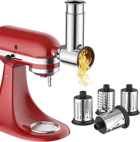Stainless Steel Slicer Shredder Attachment for KitchenAid Stand Mixer, Cheese Grater Attachment for KitchenAid, Salad Maker, Grinding Powder, Dishwasher Safe with 4 Blades by InnoMoon