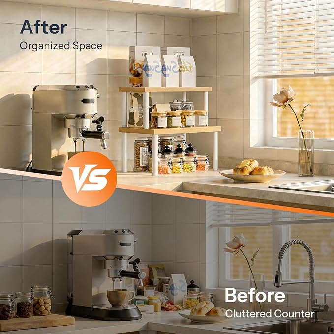 HOOBRO Cabinet Organizer Shelf, kitchen countertop organizer, Kitchen Storage, Spice Rack for cabinet, Stackable, Expandable, for Countertop,kitchen,cabinet, White and Natural WN15TL01