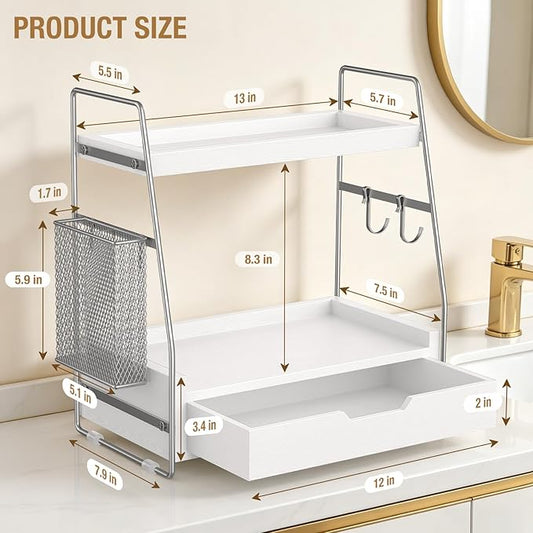 2 Tier Bathroom Counter Organizer Wood - Tiered Bathroom Countertop Shelf with Drawer, Removable Basket & 2 Hooks, Makeup Vanity Organizer for Skincare Perfume Toiletries, 13'' Silver