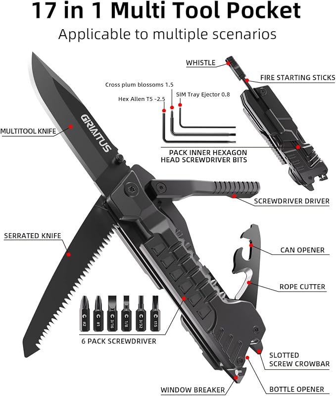 17 in 1 Multitool Knife Fire Starting Stick Bottle Opener Saw for Camping | Screwdrivers Whistle Window Breaker for Hiking, Outdoor, Survival and Everyday Use Gifts for Men Dad