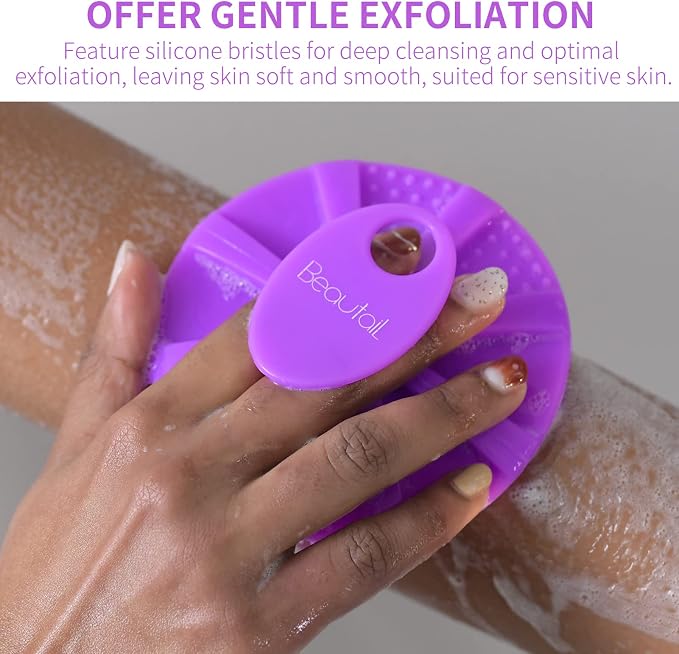 Silicone Body Scrubber, BEAUTAIL Gentle Exfoliating Shower Brush for Body | Hygienic Silicone Loofah, Easy-Grip Handle, Bath Essential Scrubber for Sensitive Skin, Women, Men & Kids, 1 Pack, Purple