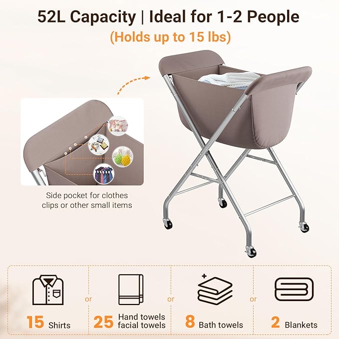 ELYKEN Laundry Basket with Wheels, Collapsible Laundry Hamper, Camel Brown | Removable Liner Bag, Foldable Design, Sturdy Metal Frame, 4 Casters, 32”H Laundry Cart for Bedroom, Bathroom & Laundry Room