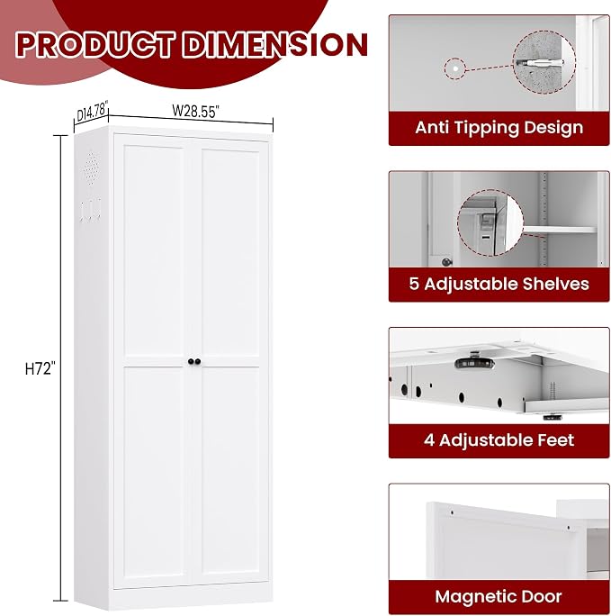 AQY 72" Pantry Cabinet, White Freestanding Storage Cabinet with 5 Adjustable Shelves, Metal Pantry Cupboard with Ventilation Design & Hanging Hooks, 2-Door Kitchen Organizer for Living Room Kitchen