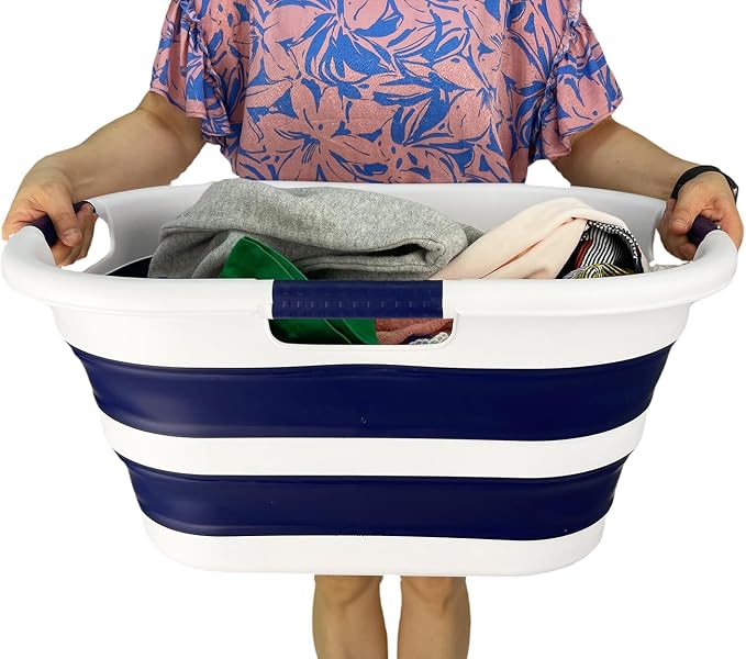 SAMMART 40L (10.5 gallon) Collapsible Plastic Laundry Hamper - Foldable Pop Up Storage Container/Organizer - Portable Washing Tub - Space Saving Basket (1, White/Starry Blue)