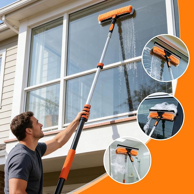 35FT High Reach Duster Kits with 5-29FT Extension Pole, Cobweb Duster with Telescoping Pole, Washable Ceiling Fan Cleaner & Window Squeegee for Glass Surfaces & High Roof