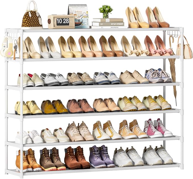 LUKYTOWER Extra Long Shoe Rack 6 Tier 39Pairs with 2 Hooks | Sturdy Wide Stackable Shoe Organizer for Closet, Entryway, Front Door Entrance, Durable Shoe Shelf Stand, Black Shoe Storage