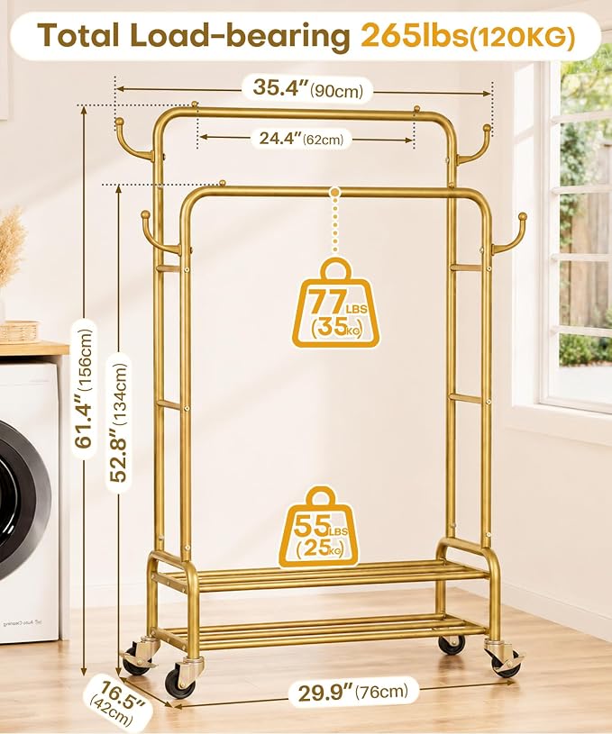 Homde Heavy Duty Clothes Rack: 265lb Rolling Double Rod Garment Hanging - Metal Coat Organizer Storage Display Shelf on Wheels for Bedroom Laundry