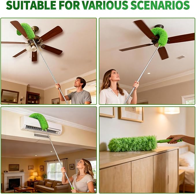 Cobweb Duster with Extension Pole, Washable Cleaning Duster Kit with 3 Duster Heads, Cobweb Duster, Corner Brush, Aluminum Telescoping Pole for high Ceiling Fan，Spider Web Brush with Extension Pole