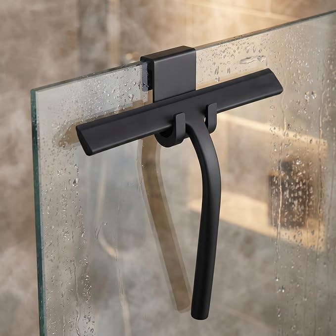 Shower Squeegee for Glass Doors, Mirror Window Tile Scrubber Cleaner with Hook Silicone (Black)