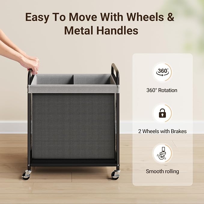 ELYKEN Laundry Hamper 2 Section, 100L Rolling Laundry Sorter with Wheels | Removable Washable Liner Bags, Sturdy Steel Frame and Metal Handle, Double Compartment Clothes Organizer for Laundry Sorting