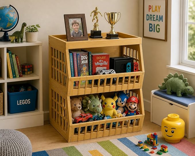 Bamboo Stackable, Open Front, Large Storage Bins With Tray Lid -Set of 2
