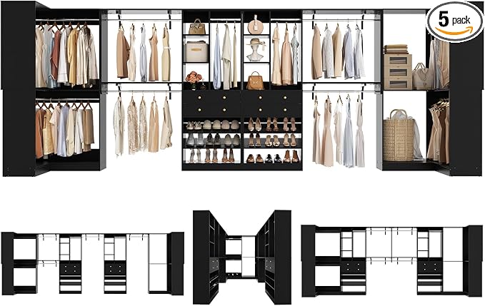 Besiost Closet System with 4 Drawers & Corner Tower, Closet Organizer System with 10 Hanging Robs, Reversible U Shaped Walk-in Closet System, Load 3600+LBS Capacity, Set of 4, Black