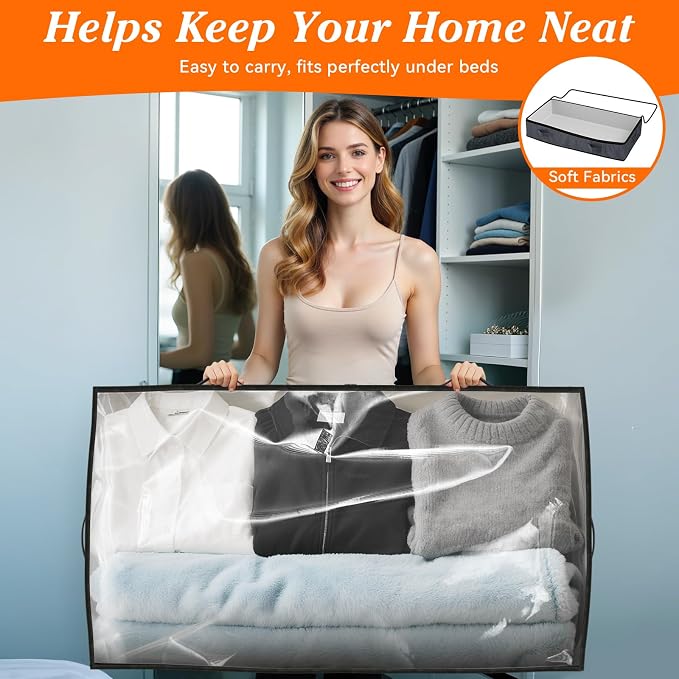 90L Under Bed Storage Containers, Storage Bags, Organizers, 4-Pack, Gray | Foldable, Soft Fabric, Closet Organizers, Reinforced Handle, Label Holder, Clear Window, for Comforters, Clothing, Blankets