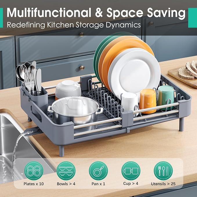 TOOLF Dish Drying Rack, Expandable Dish Rack for Kitchen Counter, Anti-Rust Dish Drainer, Sink Organization and Storage Essentials with Cutlery & Cup Holder, Gray