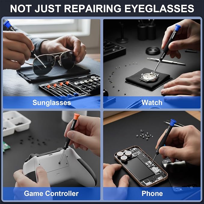 STREBITO Glasses Repair Kit, All-in-One Eyeglass Repair Kit | 16 Sizes of Screws, 12 Pairs of Nose Pads & Tweezer, Precision Screwdriver Set for Glasses, Sunglasses & Small Electronics