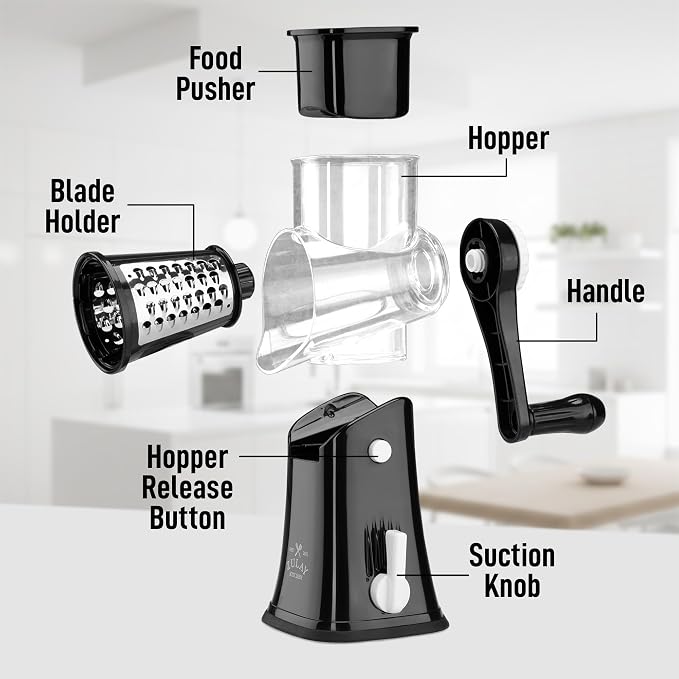 Zulay Kitchen Rotary Cheese Grater 5 Blade Cheese Shredder - Manual Hand Crank Cheese Grater With Reinforced Suction & 5 Interchangeable Drums - Easy to Use, Vegetable Chopper Round Mandoline Slicer
