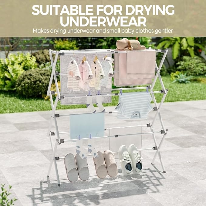 APEXCHASER Extra Large Clothes Drying Rack, 14.57" D × 44.88" H | Foldable & Extendable, Adjustable Size (20.87"-35.43"L), Space-Saving, Rust-Resistant Frame, Indoor/Outdoor Use, White