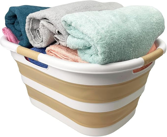 SAMMART 40L (10.5 gallon) Collapsible Plastic Laundry Hamper - Foldable Pop Up Storage Container/Organizer - Portable Washing Tub - Space Saving Basket (1, White/Beige)