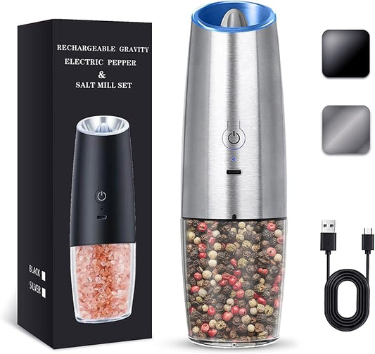 UNNEES Rechargeable Electric Salt and Pepper Grinder, gravity electric salt and pepper grinder, Adjustable Roughness, LED Light, 1 Pack, (Silver)