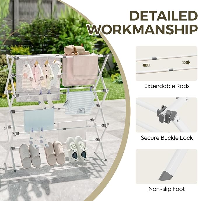 APEXCHASER Extra Large Clothes Drying Rack, 14.57" D × 44.88" H | Foldable & Extendable, Adjustable Size (20.87"-35.43"L), Space-Saving, Rust-Resistant Frame, Indoor/Outdoor Use, White