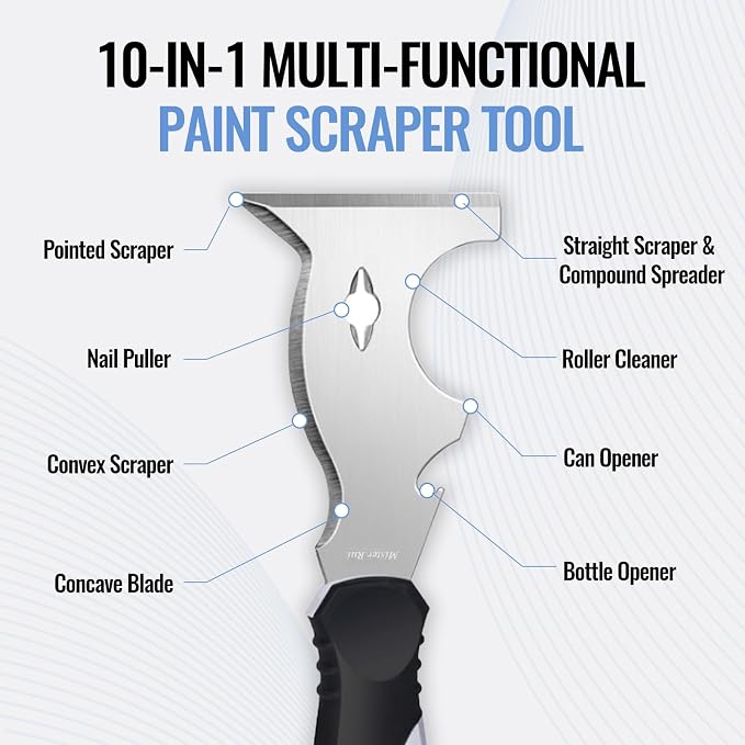 Mister Rui 10-in-1 Putty Knife, MultiUse Paint Scraper Tool, Hammer End | Versatile putty knife and scraper tool for paint removal, floor scraping. Multi-use tool for cleaning and repairing