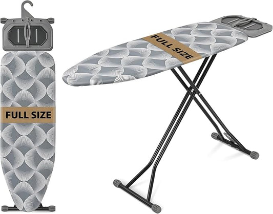 KINGBOARD Ironing Board, Metal Panel Iron Board Full Size with Iron Rest, Compact Iron Board with 7 Height Adjustable, Heavy Duty Folding Iron Stand with Hanger, 15x45 Grey