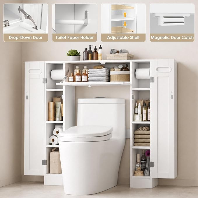 Keyluv Short Over The Toilet Storage Cabinet with Adjustable Shelves, 38.6" Low-Profile Over Toilet Bathroom Organizer with Built-in Paper Holder & Drop-Down Door for Small Bathroom, White