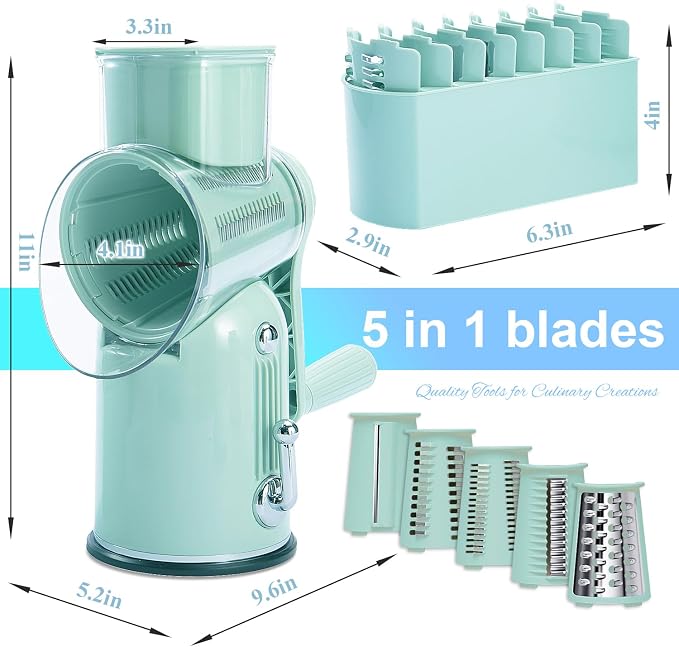 ENERGEVITY Manual Rotary Cheese Grater with Handle, 5 in 1 Replaceable Stainless Blades Cheese Shredder,Strong Suction Base Vegetable Slicer with Cleaning Brush & Bonus Storage Box for Blades (green)