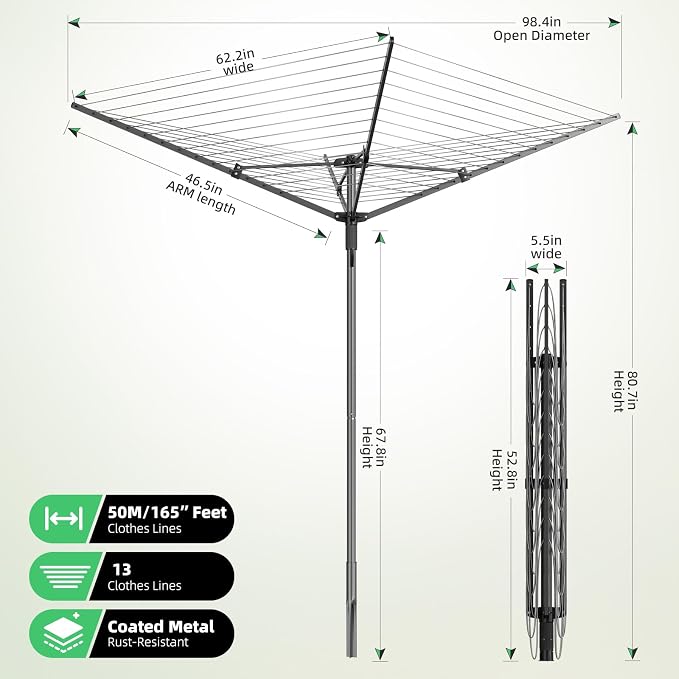 Heavy Duty Outdoor Umbrella Drying Rack, Rotating Height Adjustable Clothesline for Large Blankets & Sheets, Perfect for Backyard Balcony Camping RV, Black
