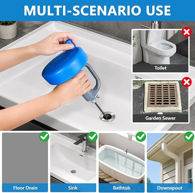 Drain Snake 5Set-33Ft Drain Clog Remover,62inch Heavy Duty Plumbing Snake,20inch Hair Clog Remover,Gloves for Bathtub,Toilet,Sewer,Kitchen Sink,Drainage Pipe(Blue)