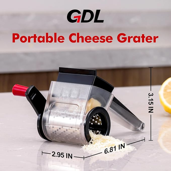 GDL Cheese Grater Hand Crank, Kitchen Rotary Grater Handheld, Dishwasher Safe Parmesan Cheese Grater with Stainless Steel Blade for Hard Cheese,Chocolate,Nuts, Black