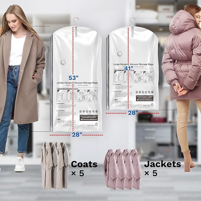 Hanging Vacuum Storage Bags For Clothes with Electric Pump, 6 Pack Large Hanging Space Saver Bags, Vacuum Sealed for Clothing Travel Suits Dress Jackets for Moving Supplies(3 Long, 3 Short)