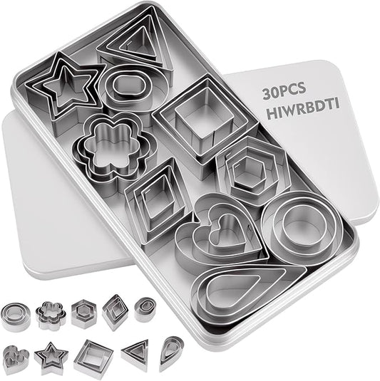 30PCS Mini Cookie Cutters Shapes Set with Box for Kids, Small Stainless Steel Star Triangle Cookie Cutter Variety Pack, for Tiny Polymer Clay, Fruit