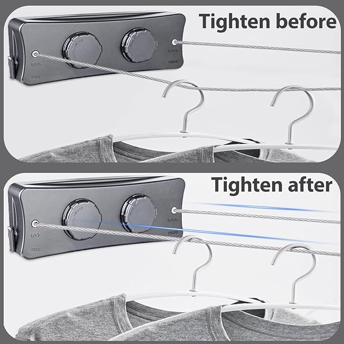 Grey 16.7 Ft Retractable Clothesline Indoor & Outdoor | Clothes Line Outdoors Sag-Proof With Adjustable Tension & 2 Installation Ways, Laundry Rope for Pool Towels, Winter Coats