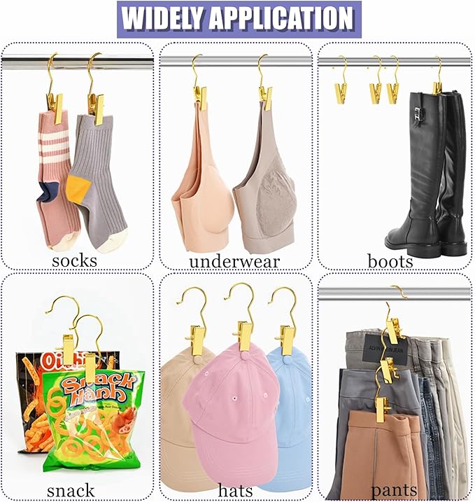 Amber Home 24 Pack Gold Boot Clips for Closet, Clothes Pins | Gold Boot Hangers with Hooks, Portable Travel Hangers for Closet Organization, Hat, Towels, Bras, Socks