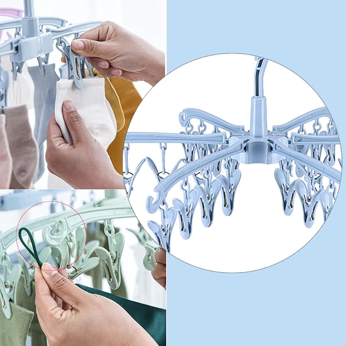 Clothes Drying Hanger with 24 Clips, Foldable Hanging Rack 2 Pack | for Drying Socks Lingerie Baby Clothes Drying Towels Rotatable Sock Drying Rack with 24 Pegs Clips(blue)