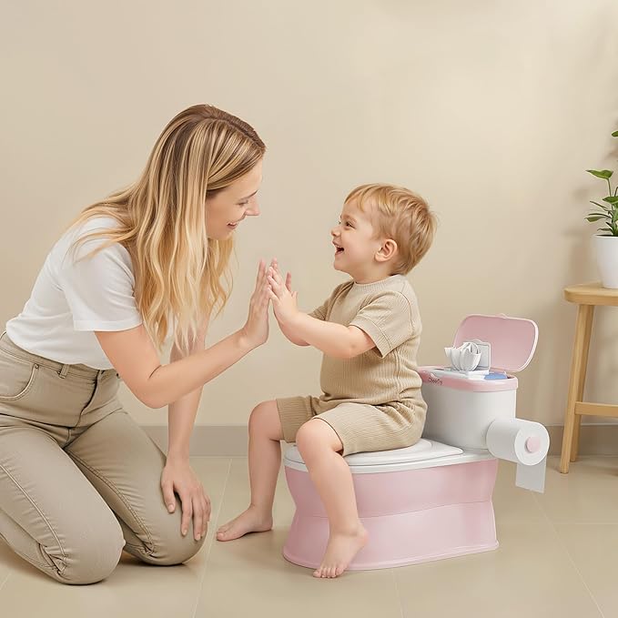 CheerTry 2-in-1 Toddler Potty Training Toilet - with Detachable Training Seat, Realistic Flushing Sound for Boys & Girls Ages 1-3 with Wipes Storage, Toilet Paper Holder