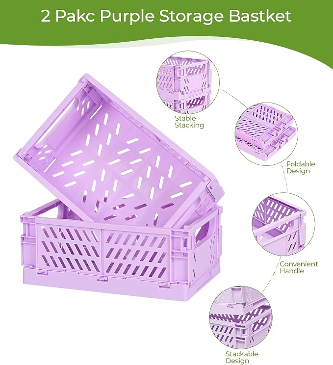 HUUSMOT 2-Pack Collapsible Plastic Storage Baskets, Purple, 9.8"x6.5"x3.8" | Pastel, Space-Saving, Collapsible Plastic Bins, Cute Mini Storage Crates, for Classroom, Kitchen, Office, Bedroom