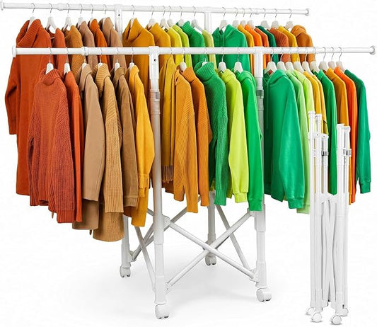 Clothes Rack, Rolling Clothes Drying Rack for Hanging Clothes Portable Foldable Laundry Rack for Air Drying Clothing Double Rods, Metal Garment Racks 21.7"*56.7"*60.6", White