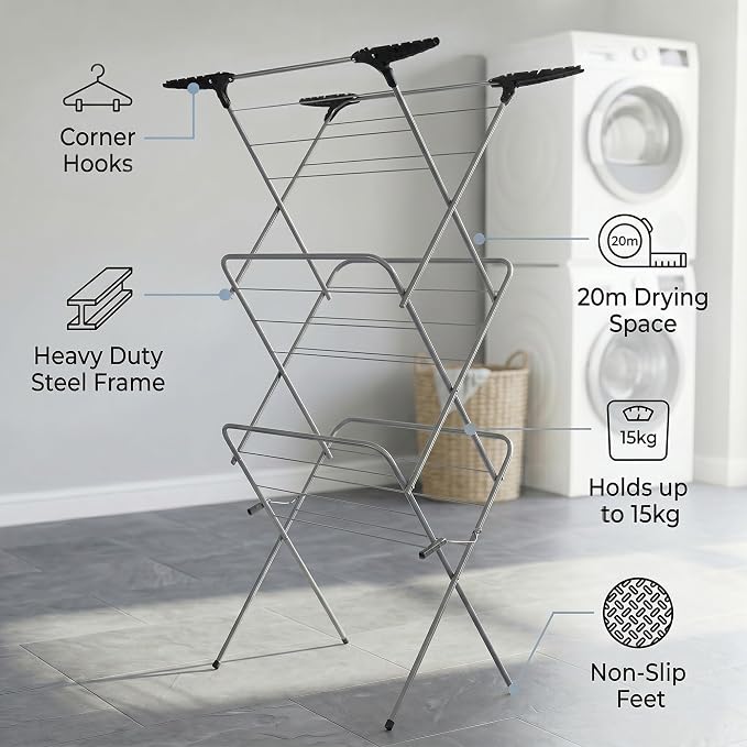 3 Tier Clothes Airer - 20m Washing Line, Foldable Laundry Rack with Heavy Duty Steel Frame, Non-Slip Feet, Corner Hanger Hooks, Space Saving Clothes Drying Rack for Indoor Outdoor Use