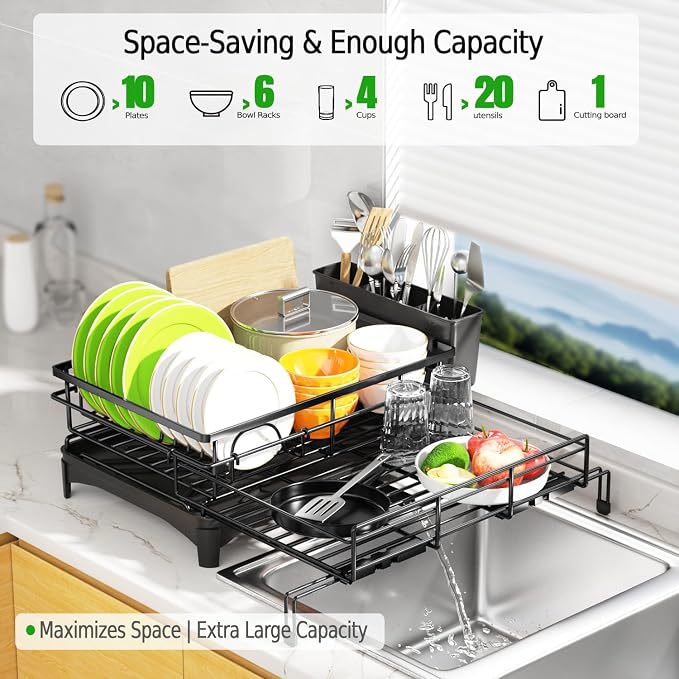 Expandable Over Sink Dish Drying Rack (12.6"-20.5"), Rustproof Metal Dish Drainer with Auto-Draining Tray & Utensil Holder, Large Capacity Sink Organizer for Kitchen Counter, Fits Most Sinks - Black