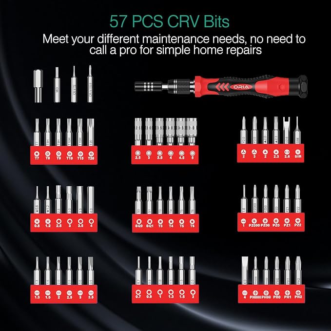 ORIA Precision Screwdriver Kit, Mini Screwdriver Set, 61 in 1 with 57 Bits Repair Tools with Flexible Shaft, Extension Rod for Mobile Phone, Smartphone, Tablet, PC, Red