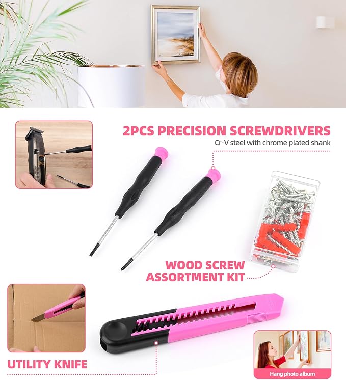 DOWELL 116Pcs Pink Tool Kit, Tool Set with 3.6V USB Cordless Screwdriver | Small Drill Set for Women, Girls