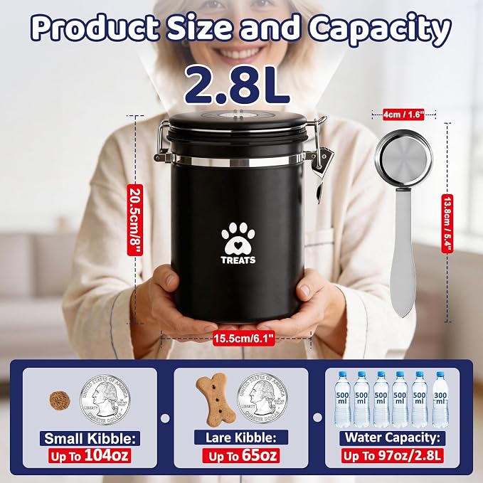 ENONCI Dog Treat Container Airtight,8.2"x5.9" Stainless Steel Cat Treat Jar for Kitchen Counter with Scoop, Pet Storage for Fresh Dog Cookie