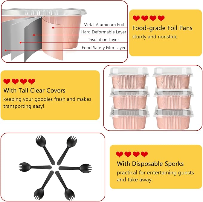 LNYZQUS Mini Cake Pans with Lids and Spoons,10oz Disposable Small Foil Baking Tins,40 Pack Individual Cake Containers for Home Bakers Bake Sales-Champagne,4x4 Square