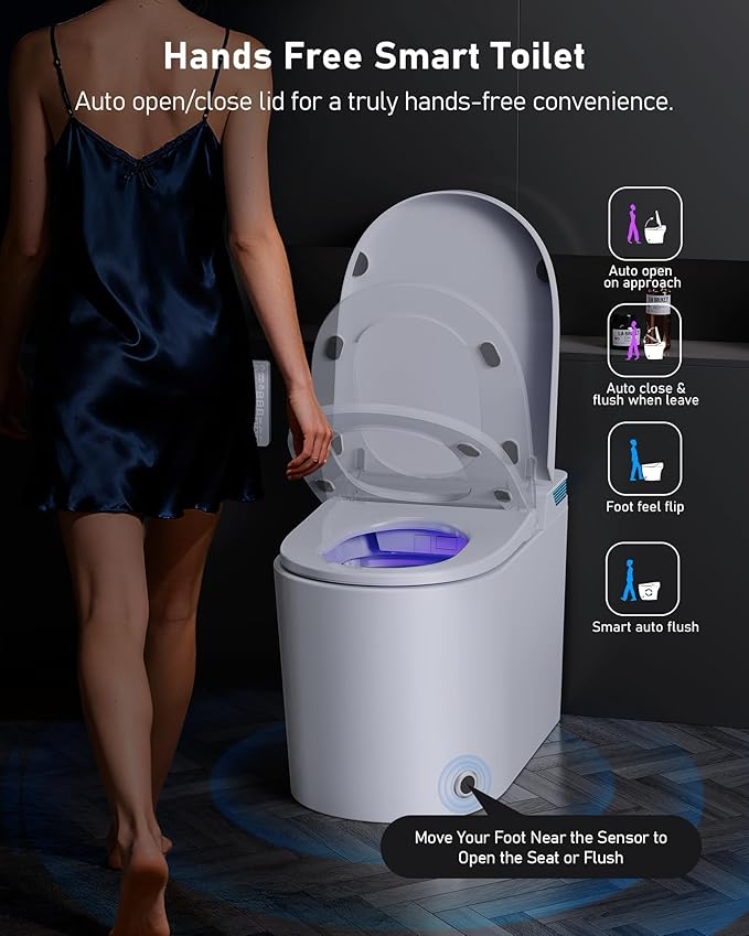 Smart Toilet with Bidet Built-in: Toilet Bidet with Dryer, Child Seat, 4 Wash Modes, One Piece Toilet with Heated Seat, Foam, Dual Flush, UV-C Night Light, Remote, Foot Sensor, Auto Flush Lid&Seat