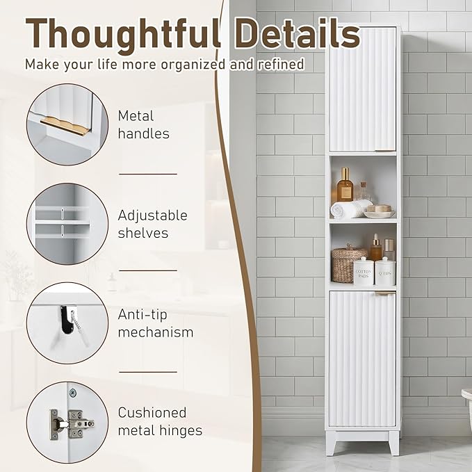 VINGLI White Fluted Tall Narrow Bathroom Cabinet, 67" Slim Freestanding Storage Cabinet for Small Spaces, Wood Linen Tower Floor Cabinet with 2 Doors, Open Shelves & Soft-Close Hinges