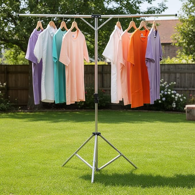 Foldable Portable Space Saving Stainless Steel Clothes Drying Rack. | Heavy Duty Laundry Drying Racks, Adjustable High Capacity Garment Rack, Comes with 20 windproof hooks
