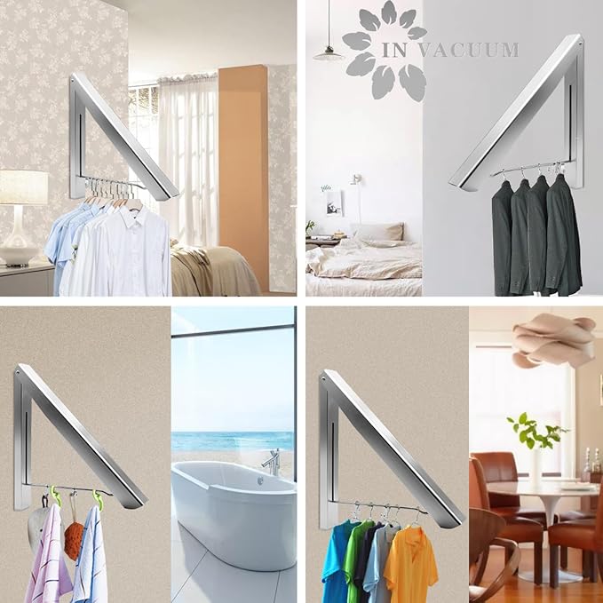 Drying Racks for Laundry Foldable, Wall Mounted Clothes Drying Rack | Retractable Clothes Folding Indoor, Aluminium, Home Storage Organizer Wall Hanger for Clothes (Silver)